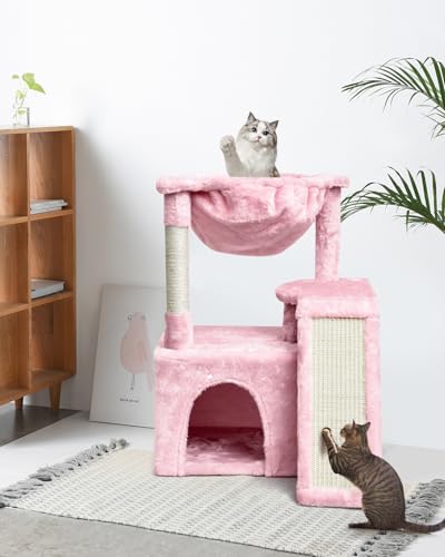 SYANDLVY Cat Tree for Indoor Cats Large Adults, Modern Activity Tower with Scratching Posts & Board, Condo with Plush Perch, Climbing Stand with Cradle & Hanging Ball for Play, Pink - color: Pink