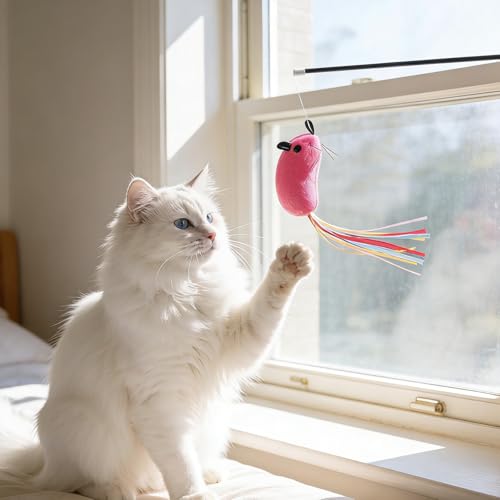 5PCS Premium Catwandtoy Accessories with Ribbons, Cat Mouse Toy for Indoor Catkitten Play Flopping Toy Filled Soft Plush Interactive No Catnip Feline Chew Plaything for Indoor Cats Kitten Exercise