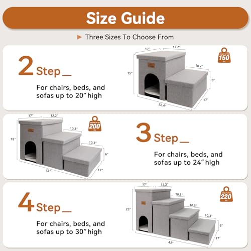 Zerbuger Dog Stairs 15" H, 2-Step Wider Dog Steps for Small/Medium/Large Old Dogs Cats, Folding Sturdy Storage Pet Stairs Climbing Bed Couch, Dog Ramp for Car Hold Up to 150 lbs(Gray, with Condo)