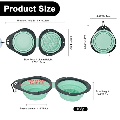 Green Collapsible Dog Bowls with Carabiner 2-in-1 Foldable Slow Food Bowl(130g)&Water Bowl(320ml) for Dogs and Cats Travel - color: Green