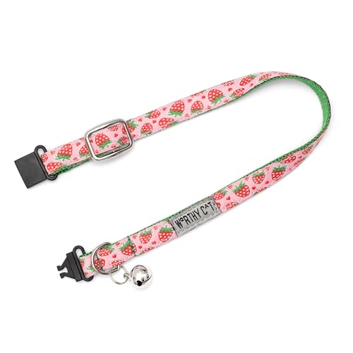 THE WORTHY DOG Characters Strawberries Cat Collar with Bell, Adjustable Nylon Safety Collar, Pink, One Size - color: Pink-Strawberries