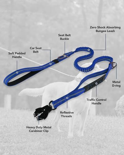 Joytale Tactical Dog Leash Heavy Duty, 4-6FT Shock Absorbing Bungee Lead with 2 Padded Handle, Metal Carabiner Clip, Car Seatbelt, Strong No Pull Leash for Medium Large X-Large Dogs, Navy Blue - color: Navy Blue