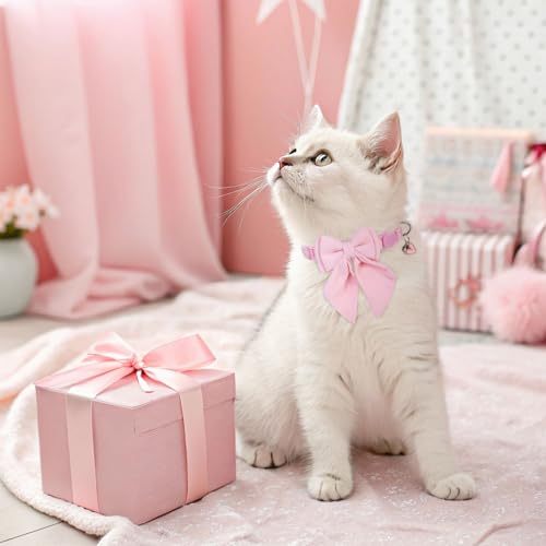 SCENEREAL Cat Collar with Bell & Stylish Bowtie, Pink Breakaway Cat Collars Accessories for Boy Girl Small Cats, Holiday Kitten Costumes for Female Male Pets - color: Stylish Bow (Pink)