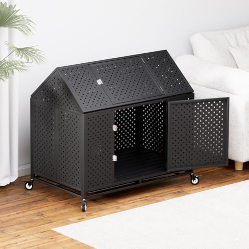54" Heavy Duty Dog Crate Large Dog cage Strong Metal Dog Kennels and Crates for Large Dogs Top Open with 2 Doors 4 Lockable Wheels 2 Removable Trays - size: 53.9"L x 29.5"W x 46.0"H