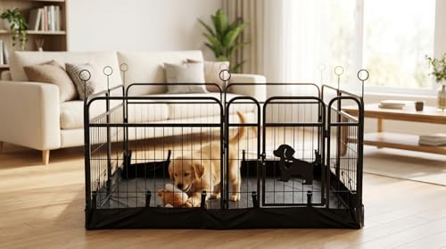 Metal Dog Playpen with Mat, Black Indoor Outdoor Pet Exercise Pen with Safety Gate, Foldable Wire Fence Enclosure (Black with mat, 24inch, 8)
