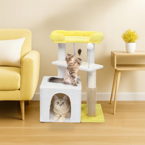 Outvita Cat Tree 27.5in Small Cat Tower, Multi-Level Cat Tree Tower with Cat Scratching Post and Pad, Cozy Cat Condo, Padded Top Bed for Kittens and Indoor Cats, Yellow & White - size: 27.5" Yellow & White