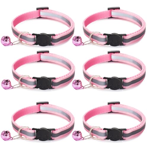 6 Pack Reflective Cat Collar with Bell, Breakaway and Safe Collars for Cats, Nylon, Pet Collar Adjustable19-32cm (Pink) - color: Pink