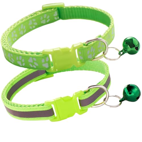 Green XS Dog Collar with Bell, 2-Pack Paw Print & Reflective Strip Nylon Cat Collar with Bells, Adjustable for Puppy XXS XS Small Dogs Male Kitten, X-Small - color: Reflective Green