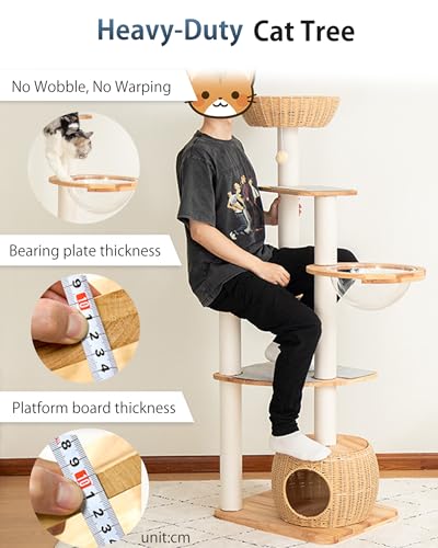 Wood Cat Tree for Large Cat, 63-Inch Tall Cat Tower with Scratching Post for Indoor Cats, Multi-Level Cat Condo with Hand-Woven Cat Bed and Acrylic Bowl Easy to Clean (White 81007s) - color: Nature 81007