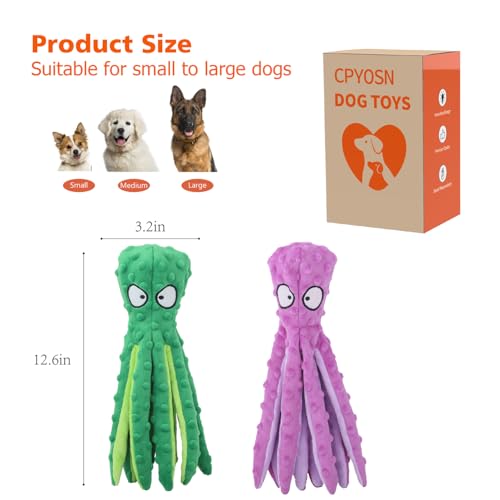 CPYOSN Dog Squeaky Toys Octopus - No Stuffing Crinkle Plush Dog Toys for Puppy Teething, Durable Interactive Dog Chew Toys for Small, Medium and Large Dogs Training and Reduce Boredom, 2 Pack - color: Purple+Green