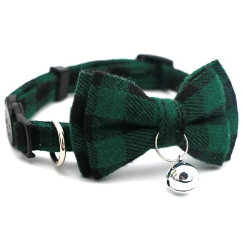 Green Plaid Bow Cat Collar with Bell, Breakaway Dog Bell Collar with Bowtie Christmas Puppy Collars for XXS Xs Small Tiny Little Pet Dogs Boy Girl Kitten, for Hoilday Birthday Party - color: Green Plaid