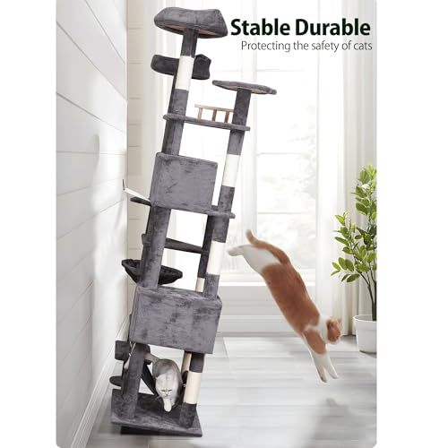 Meecal 79in Giant Cat Tree for Heavy Duty Big Cats, Large Cat Trees with Scratching Post, Cat Tree Tower with Cat Condos, Hammock & Plush Perch for Maine Coon, Smoky Gray - color: Smoky Gray