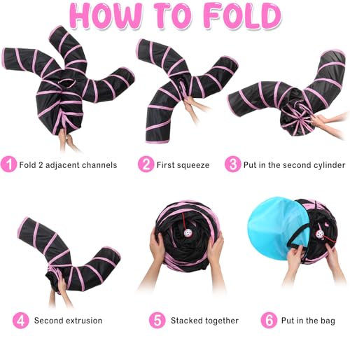 Poen 21 Pcs Cat Tunnel for Indoor Set Collapsible 5 Way Tubes with 20 Pcs Cat Kitten Toys Interactive Feather Toy Mouse Crinkle Balls Tube for Puppy Kitten Rabbit(Pink Black) - color: Pink Black