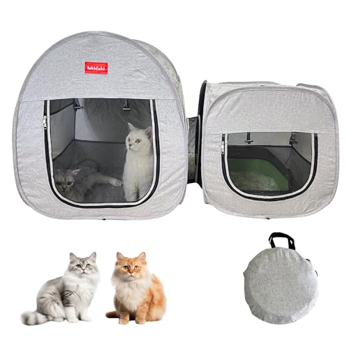 Portable Cat Playpen, Pop-up 2-in-1 Crate Playpen with Litter Box Area for Travel Indoor Outdoor, Foldable Pet Playpen Enclosed for Kitten Puppy Rabbit Hamster Small Animals