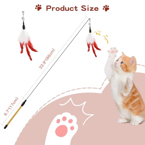Pawaboo Feather Teaser Cat Toy - Interactive Wand with Extra Long 34.5" Wand and Small Bell, Exerciser Playing Toy for Kittens or Cats, Wine Red & White Feather - color: Wine Red & White