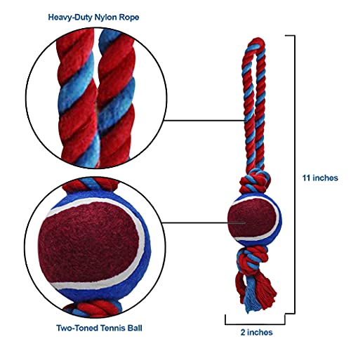 Dog Rope Toy with Tennis Ball (11”) – Strong Tug Toys for Dogs for Interactive Play & Bonding – Non-Abrasive Felt Dog Tennis Balls w/Rope for Puppies & Moderate Chewers – 1-Pack Blue - size: 1 Rope Dog Toy Blue Ball FBA