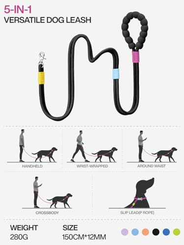 Hands Free Dog Leash, 5-in-1 Adjustable Waist Training Leash for Walking& Hiking – Dual Lead Rope with Padded Handle,MGBR Rotating Metal Clip(Classic- Onyx Black) - color: Classic- Onyx Black-5Ft