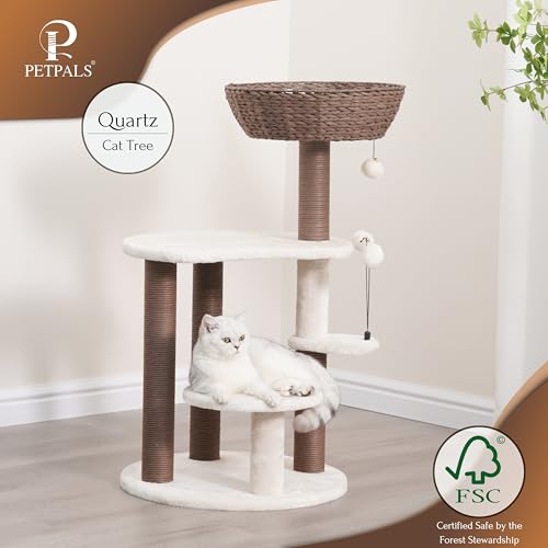 PetPals 5-Level 35" Cat Tree Tower with Paper Handwoven Basket Bed,Multi-Level Climbing Activity Tower with Replaceable Paper Rope Scratching Posts (Cream and Brown) - color: Cream and Brown