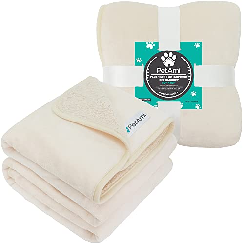 PETAMI Sherpa Fleece Waterproof CAT and Dog Blanket, Beige, Queen - color: Beige, size: Queen (90x90)