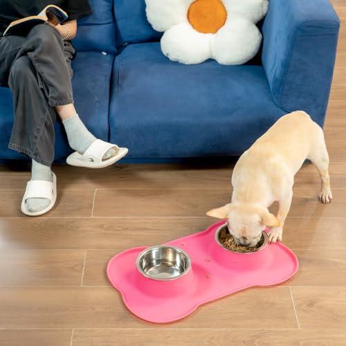 Conlun Medium Pet Feeding Station, 29oz Stainless Steel Dog Bowls Set, No Spill Food & Water Dishes with Non Slip Silicone Mat for Breeds Up to 55 Lbs, Pink - color: Pink, size: Medium-29oz