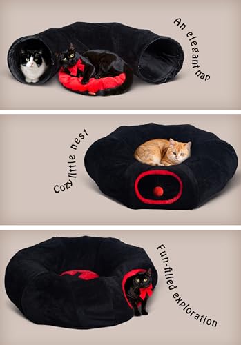 Gothic Cat Bed, Coffin Cat Tunnel House with Washable Cushion, Fits Indoor Cats up to 25 lbs, Cute Peekaboo Cave Pet Bed for Kittens, Rabbits, Halloween Goth Design, Black Red - color: Black Red