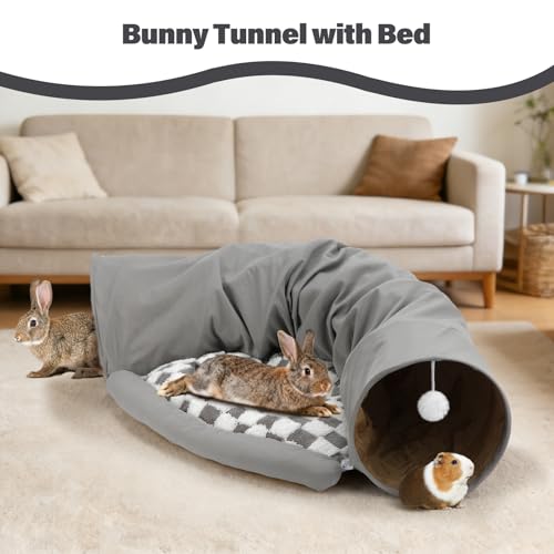 BWOGUE Bunny Tunnel Bed, 2-in-1 Collapsible Tunnel Tubes Toys with Removable Mat Hideout for Cats Kittens Rabbits Guinea Pigs Kitty (Gray) - color: Gray