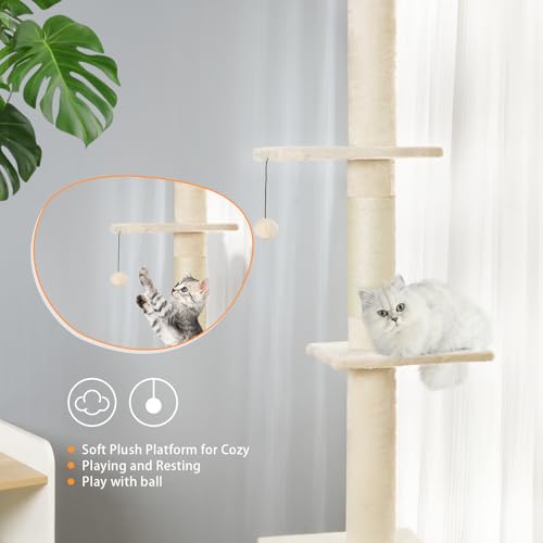 5-Tier Floor-to-Ceiling Adjustable Cat Tower, 98-110 Inch Tall Cat Tree with Cozy Rest Bed, Multi Platforms & Natural Sisal Scratching Posts, Indoor Cat Activity Play Structure, Beige - color: Beige