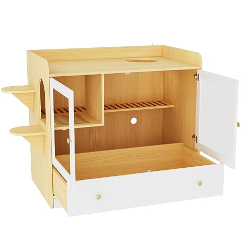 Extra Large Cat Litter Box Enclosure Furniture Hidden, Cat Condo Cabinet Pet House with Stairs for 2, Nightstand Side Table witha Large Drawer for Living Room, Natural - color: Burlywood