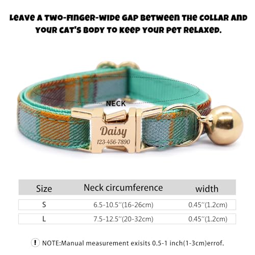 Personalized Plaid Cat Collar with Bell - Non-Breakaway Custom Polyester Kitten Collar with Engraved Name & Phone Number (Pattern 08, S (6.5-10.5 Inches)) - color: Pattern 08, size: S (6.5-10.5 Inches)
