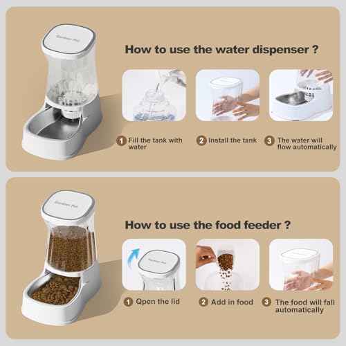 Automatic Pets Gravity Feeder and Water Dispenser Set, 1Gallon x 2 Stainless Steel Food Feeder and Waterer, 100% BPA-Free Water Bowl Dispenser for Small&Medium Dogs, Cats, Puppies(White) - color: Pearl White, size: 1 Gallon (Water & food dispenser)