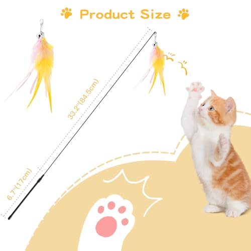 Pawaboo Feather Teaser Cat Toy, Interactive Feather Wand Cats Toy Flying Feathers Cat Catcher with Extra Long 34.5" Wand and Small Bell, Exerciser Playing Toys for Kitten or Cats, Pink+White+Yellow - color: Pink+White+Yellow
