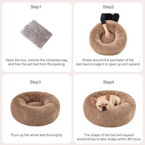Dog Calming Beds for Small Medium Large Dogs - Round Donut Washable Dog Bed, Anti-Slip Faux Fur Fluffy Donut Cuddler Anxiety Cat Bed(28" Khaki - color: khaki, size: 28"L x 28"W x 8"Th
