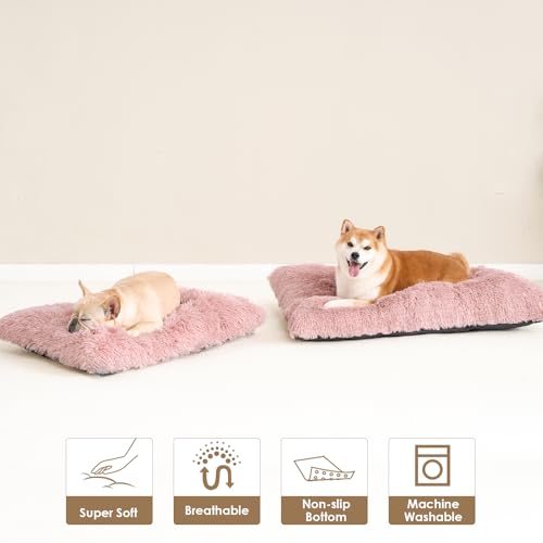 EHEYCIGA Fluffy Dog Bed, Plush Faux Fur Crate Pad, Calming Anti Anxiety Small Dog Bed, Washable Soft Warm Crate Mat with Non-Slip Bottom, Pink - color: Pink, size: 23.6 x 17.5