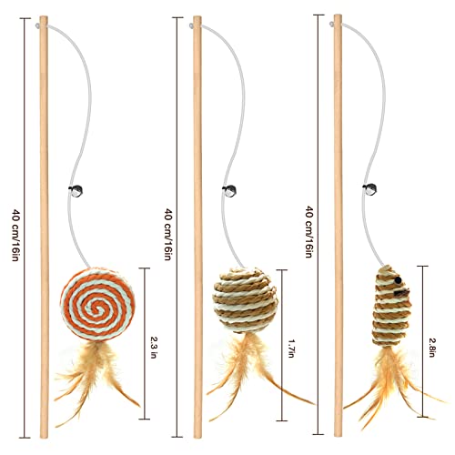 3-Pack Cat Wand Toys, 16-Inch Natural Wooden Teaser Wand with 5 Silvervine Sticks, Interactive Feather Wand for Indoor Cats - color: RedOrangeBrown-3pcs
