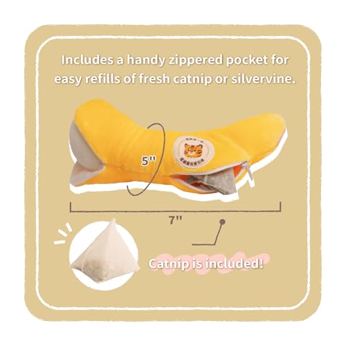 BLUE BAY Banana Catnip Toy w/refillable Zipper Pouch, Catnip Bag Included