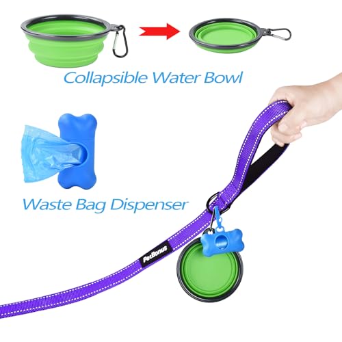 Double Dog Leash, No Tangle Dual Leash, Reflective Walking Training Lead, 4 Comfortable Padded Handles for 2 Dogs with Collapsible Bowl and Waste Bags (Purple, Large) - color: Purple