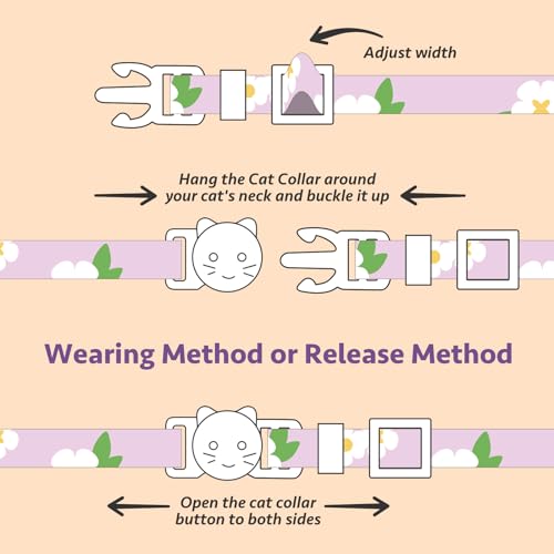 2 Pack Cotton Breakaway Cat Collar Purple and Pink Flowers Pendant Cute Kitten Cat Collar with Bell - color: Purple&Pink