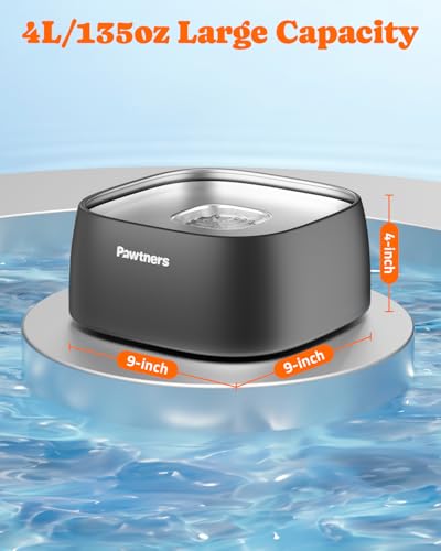 Dog Water Bowl No Spill, 4L Stainless Steel Slow Water Bowl for Dogs with Non-Slip Base, Spill Proof for Medium Large Messy Drinkers, Slow Drinking, Slobber Stopper, No Mess, Black
