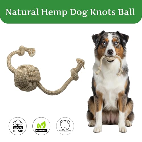 Natural Hemp Dog Rope Toy, Durable Chew and Tug Toy for Medium and Large Dogs, Biodegradable Dental Cleaning Pet Toy (Knots Ball) - size: Knots Ball