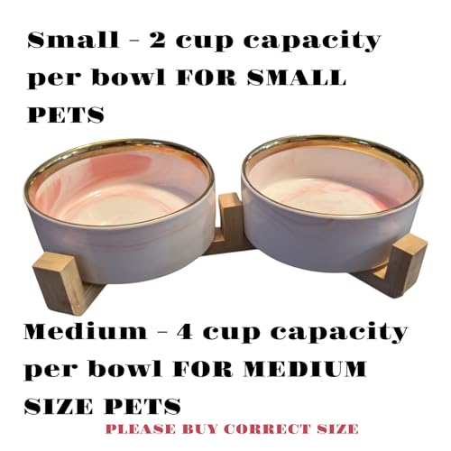 Ceramic Pet Bowl (Marble Design) Set of 2 with Stand, 2cups and 4 Cups Capacity (Marble Grey w/Gold, Small, 2 Cups per Bowl) - color: 1. S-Marble Grey Gold, Small, 2 cups per bowl