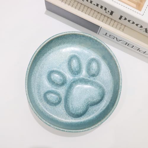 Ceramic Slow Feeder Bowl, 6.69 x 5.7 inches, Elevated Design with Paw Pattern, for Cats and Small Dogs (Blue) - color: Blue