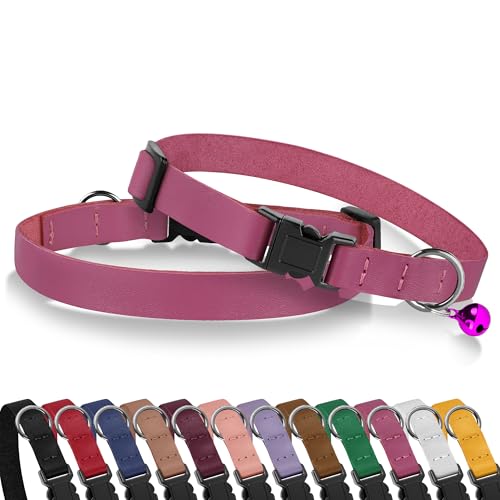 Breakaway Cat Collar with Bell - Leather Adjustable Kitten Collars with Safety Quick Release Buckle - Soft Small Pet Collars for Girl & Boy Cats (Pink) - color: Pink