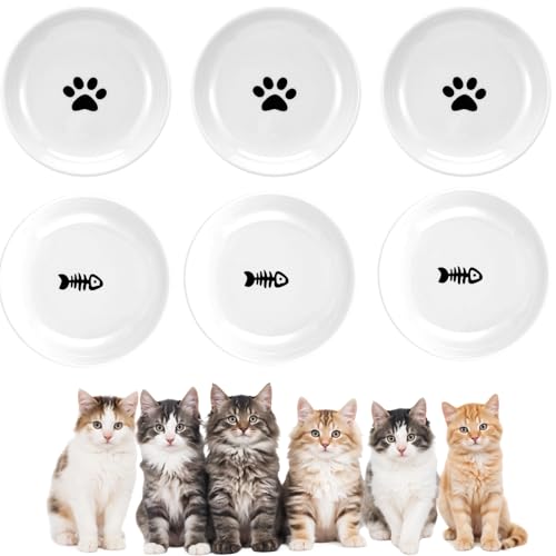Cat Food Bowl 6 Pack Ceramic Cats Bowl Anti Whisker Fatigue Cat Dishes 5.91 Inch Cats Food Tray Shallow Wide Feeding Kitten Plate Cute Paw Fishbone Pattern Water Dish for Indoor Wet Dry Foods Pet