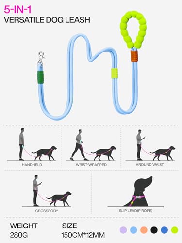 Hands Free Dog Leash, 5-in-1 Adjustable Waist Training Leash for Walking& Hiking – Dual Lead Rope with Padded Handle,MGBR Rotating Metal Clip - color: Classic-Sea Salt Blue-5Ft