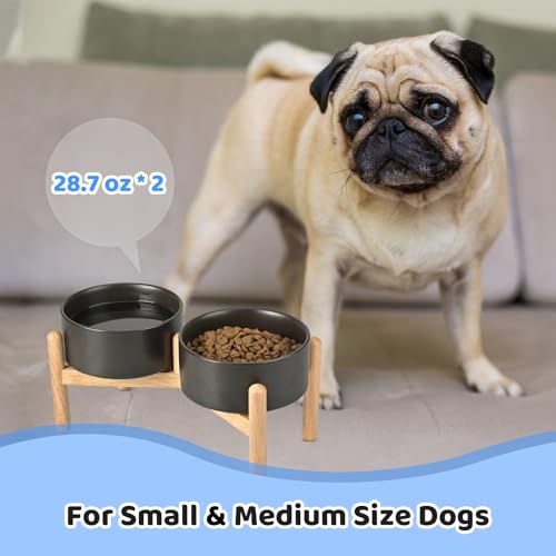SPUNKYJUNKY Ceramics Raised Dog Bowls with Wooden Stand - Elevated Dog Feeding Set (Double 28.7OZ, Black) - color: Black(Double Bowls Set), size: Medium - 3.6 CUPS