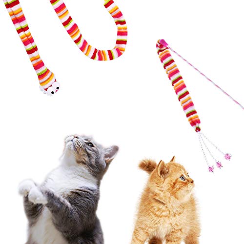 KABASI Cat Wand Rainbow Toy, 3 Styles Funny Interactive Cat Toys, Cuddly Stuffed Snake Toy on Stick with Bell, Colorful Sounding Toys, Rainbow Ribbon Wand for Kittens Training
