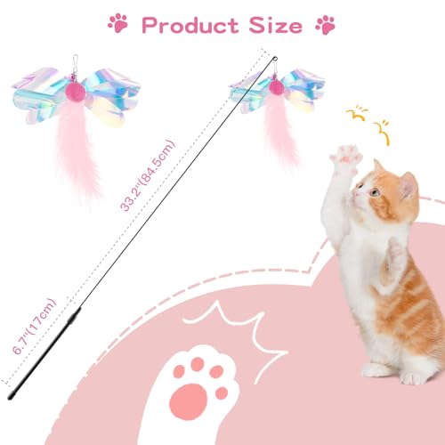 Pawaboo Feather Teaser Cat Toy, Interactive Feather Wand Cats Toy Flying Feathers Cat Catcher with Extra Long 34.5" Wand and Small Bell, Exerciser Playing Toys for Kitten or Cats, Pink Butterfly - color: Pink Butterfly