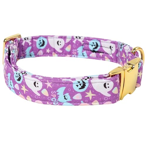 Maca Bates Halloween Dog Collar Spooky Ghost Dogs Collars Purple Puppy Colar Durable Soft Adjustable Birthday Gift for XS Small Medium Large XL Girls Boys Male Female Dogs Pet with Metal Buckle - color: Halloween-Basic-purple ghost, size: S