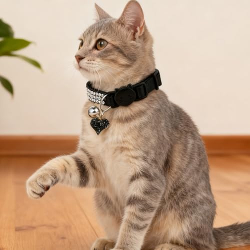 2 Pack Rhinestone Kitten Collar with Bell, Cat Collar with Rhinestone Bell, Adjustable Soft Fancy Bling Safety Cute Comfy Diamond Collars for Tiny Cats, Small Dogs, Rabbits (Pink, Black)