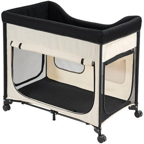 VEVOR Bedside Lounge Pet Bed, Foldable Bunk Dog Bed with 600D Oxford Cloth and Dutch Velvet, Portable Raised Cot with Wheels, Side Storage Bags, and Carry Bag for Cats & Dogs, XL, Beige - size: XL